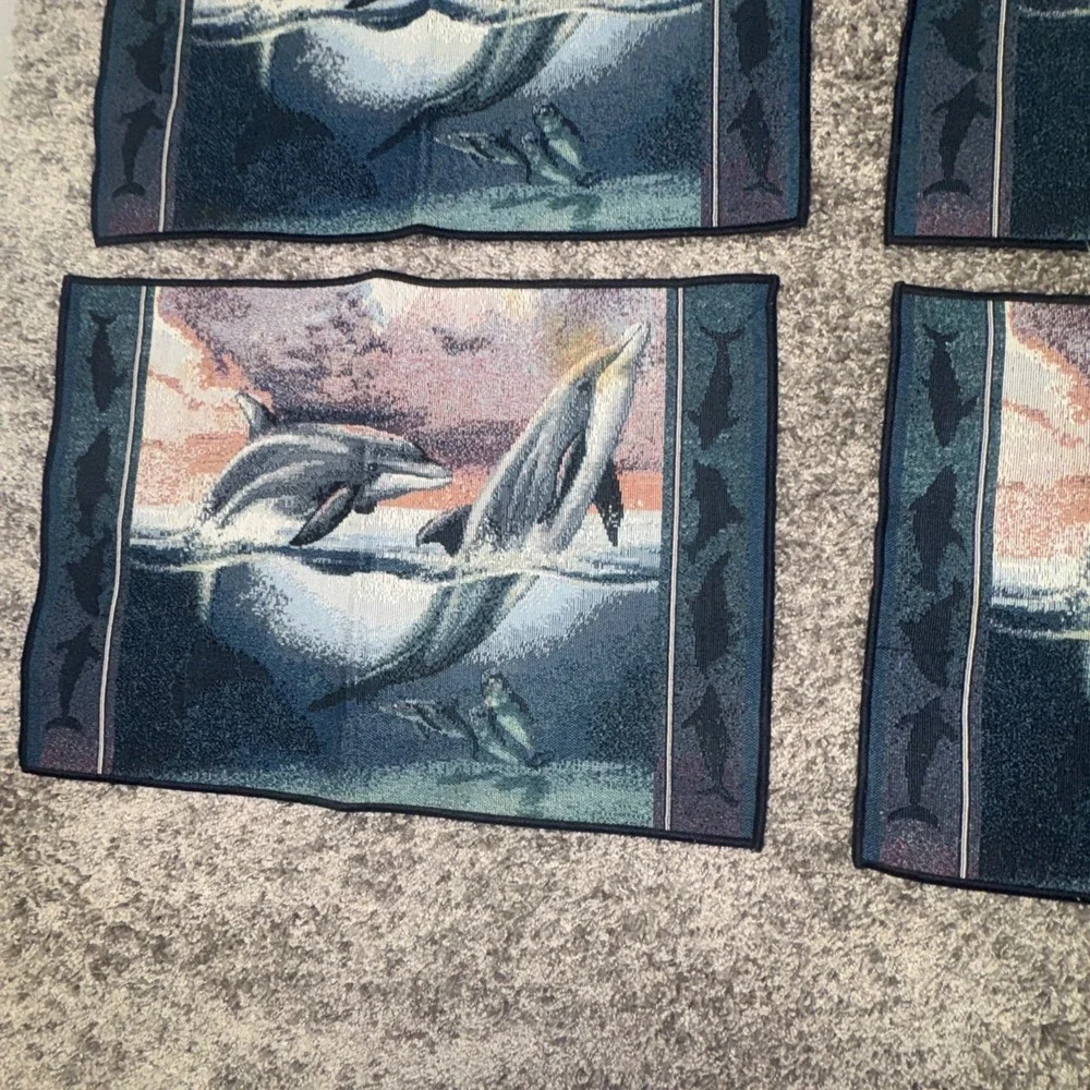 4 Ocean Water Sea Life Theme Tapestry Table Placemats 13‎ x 19 Dolphins Vtg